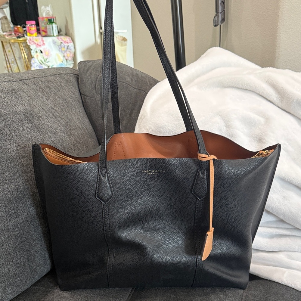 Tory Burch Black Leather Tote with Tan Interior